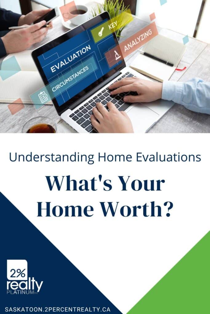 On the top of the image is a photo of a person with their hands on the keyboard of their laptop and in the center of the screen is the word evaluation. Underneath are the words "Understanding Home Evaluations. What's Your Home Worth?" for the blog post What is a Home Evaluation?