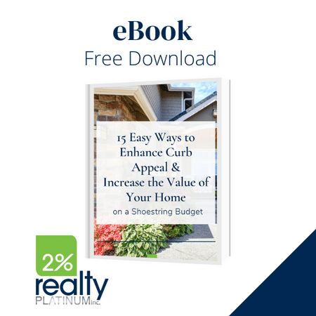 Book cover with a book titled 
"15 Easy Ways to Enhance Curb Appeal & Increase the Value of Your Home on a Shoestring Budget" with the text "eBook Free Download"