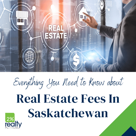 A digital touchscreen with a web of real estate icons and a man's arm reaching out to touch the icon of a house with the words "Everything You Need to Know about Real Estate Fees in Saskatchewan" for the page Selling a House