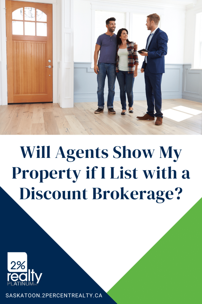A photo of a front door and inside is a couple standing with their real estate agent. Underneath is the text "Will Agents Show My Property if I List with a Discount brokerage?" and the white 2% Realty logo.