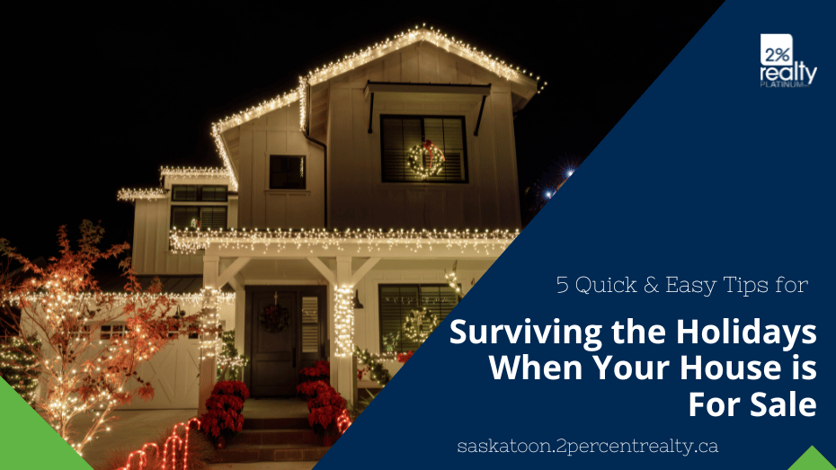 The exterior of a modern 2-storey home at night lit up with white Christmas lights and a candy cane walkway with the text overlay '5 Quick and Easy Tips for Surviving the Holidays When Your House is For Sale'