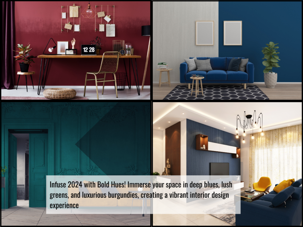 4 different home interior images showing paint in dark colors of blue, green, and burgundy to show the design trend of moody hues for the blog post Top Interior Design Trends for 2024.