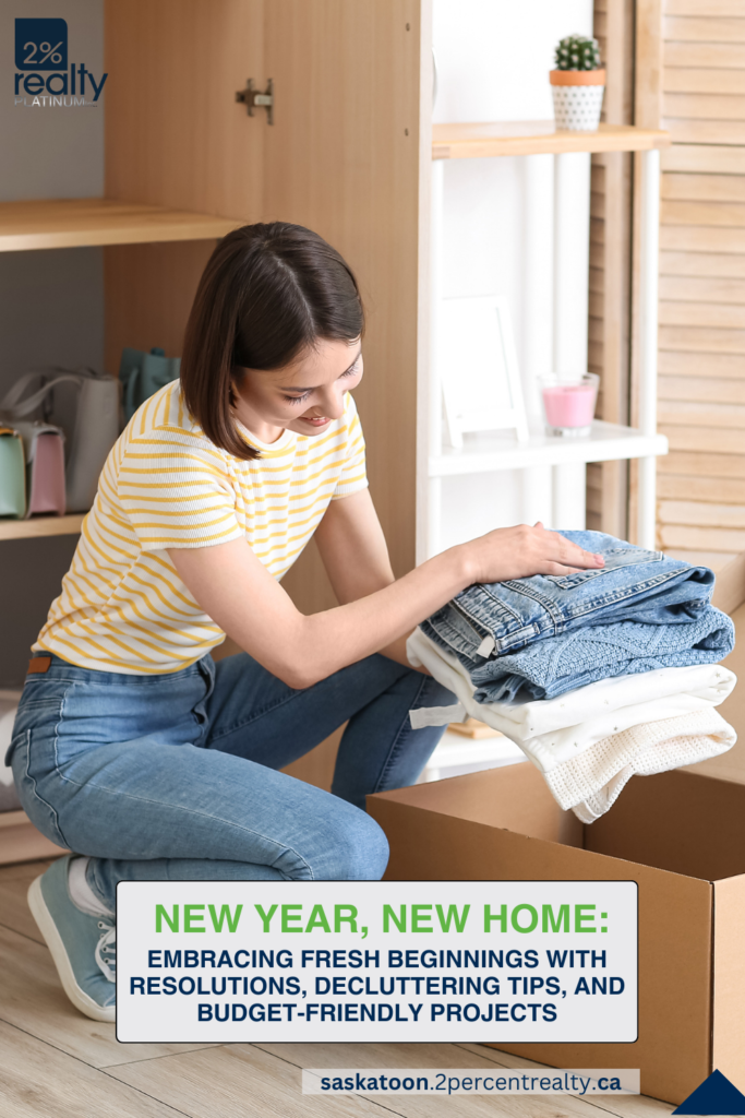 A woman organizing her closet with the text overlay that says 'New Year, New Home: Embracing Fresh Beginnings with Resolutions, Decluttering Tips, and Budget-Friendly Home Improvement Projects