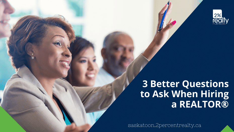 A group of adult students with the woman in the foreground of the picture raising her hand to ask a question with a text overlay that says '3 Better Questions to Ask When Hiring a REALTOR'