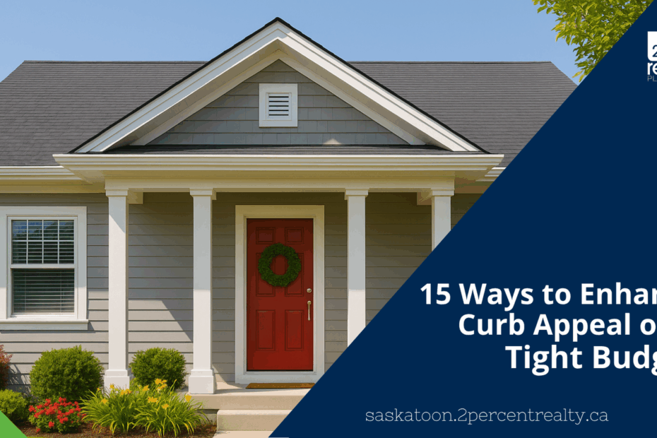 A bright, inviting suburban home with a red front door, white trim, and neatly landscaped flower beds, representing affordable ways to boost curb appeal.