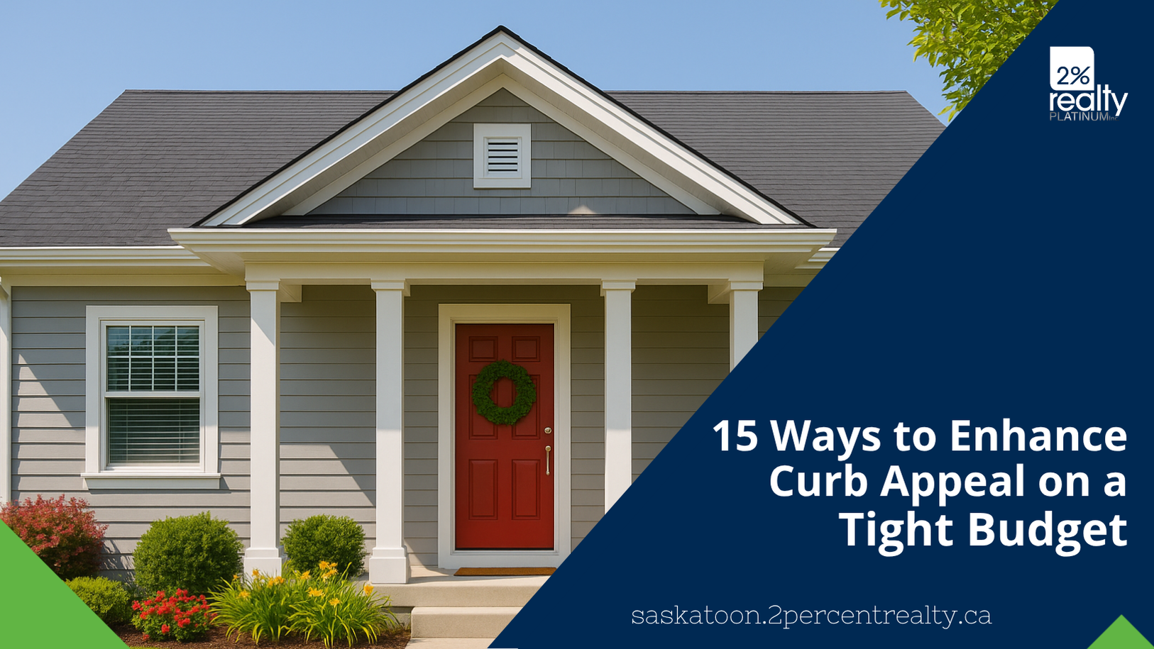 A bright, inviting suburban home with a red front door, white trim, and neatly landscaped flower beds, representing affordable ways to boost curb appeal.