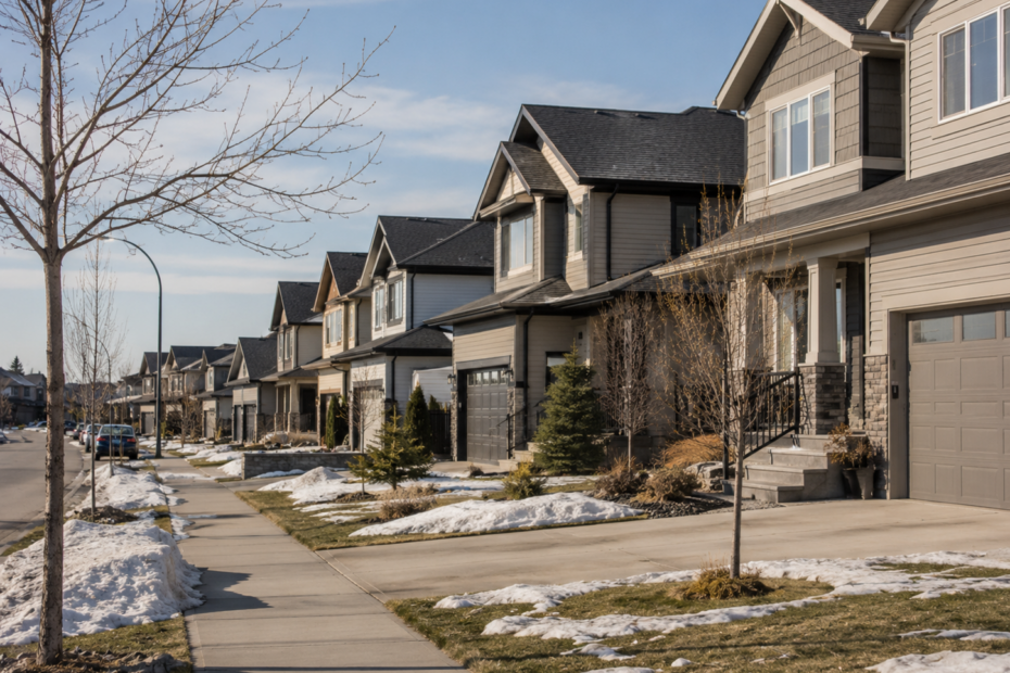 Saskatoon's real estate market during winter with snowy homes and skyline