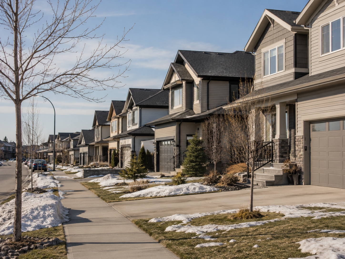 Saskatoon's real estate market during winter with snowy homes and skyline